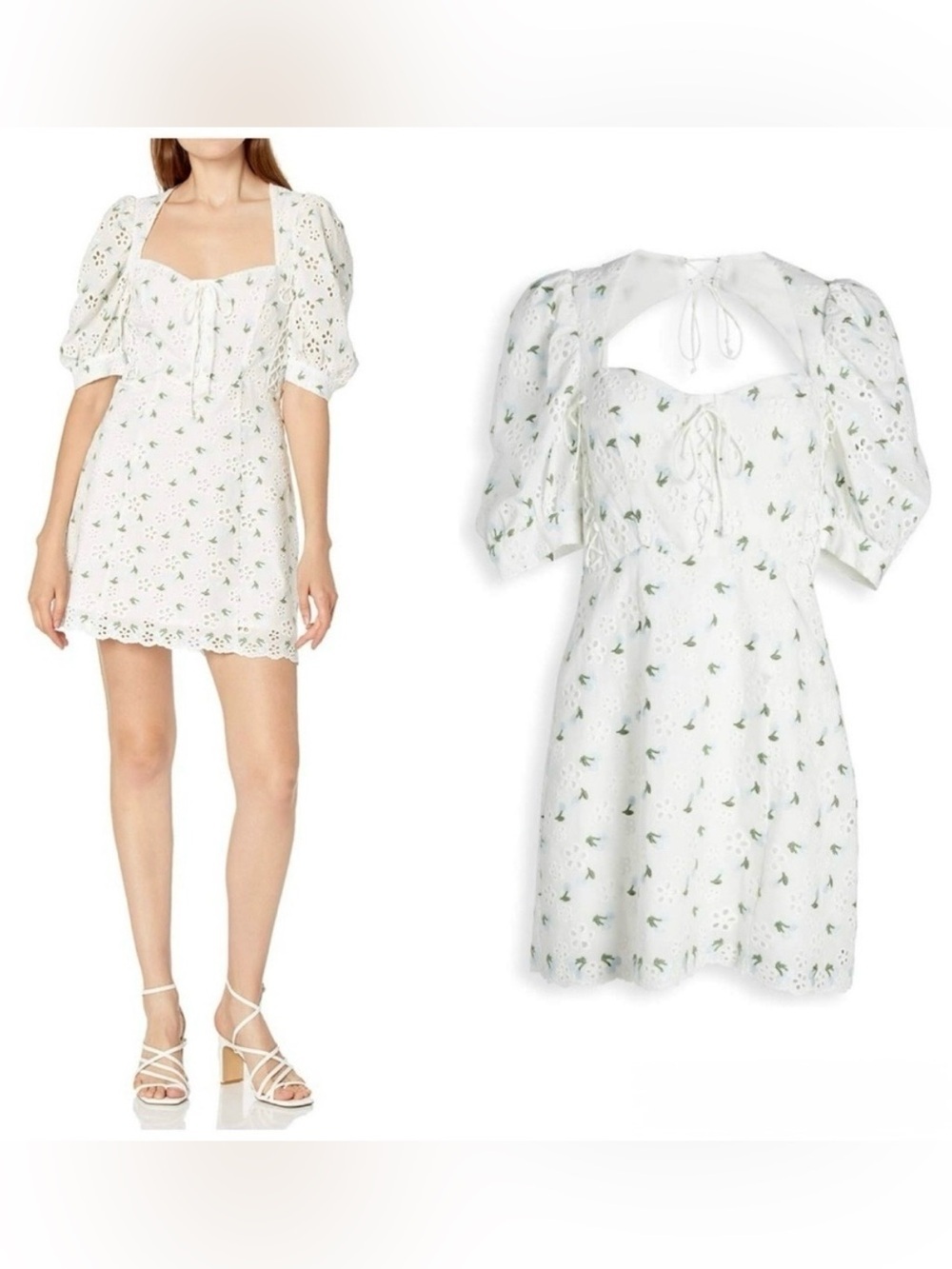 For Love & Lemons Wild Cherry White Floral Cotton Puff Sleeve Mini Dress Sz XS